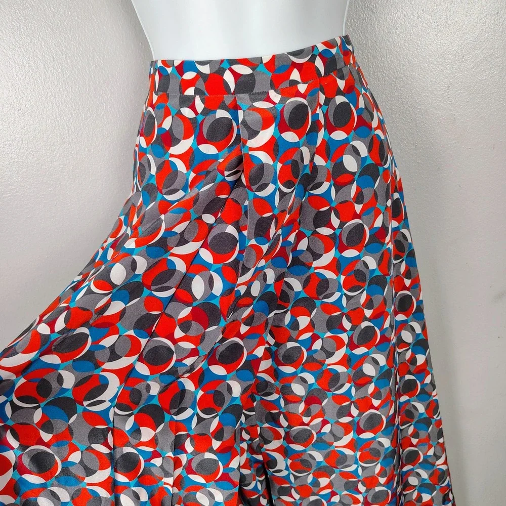 Silk Geometric Circle Print Maxi Skirt Red Blue Grey Size 10 Wrap Front Slit - Picture 4 of 13